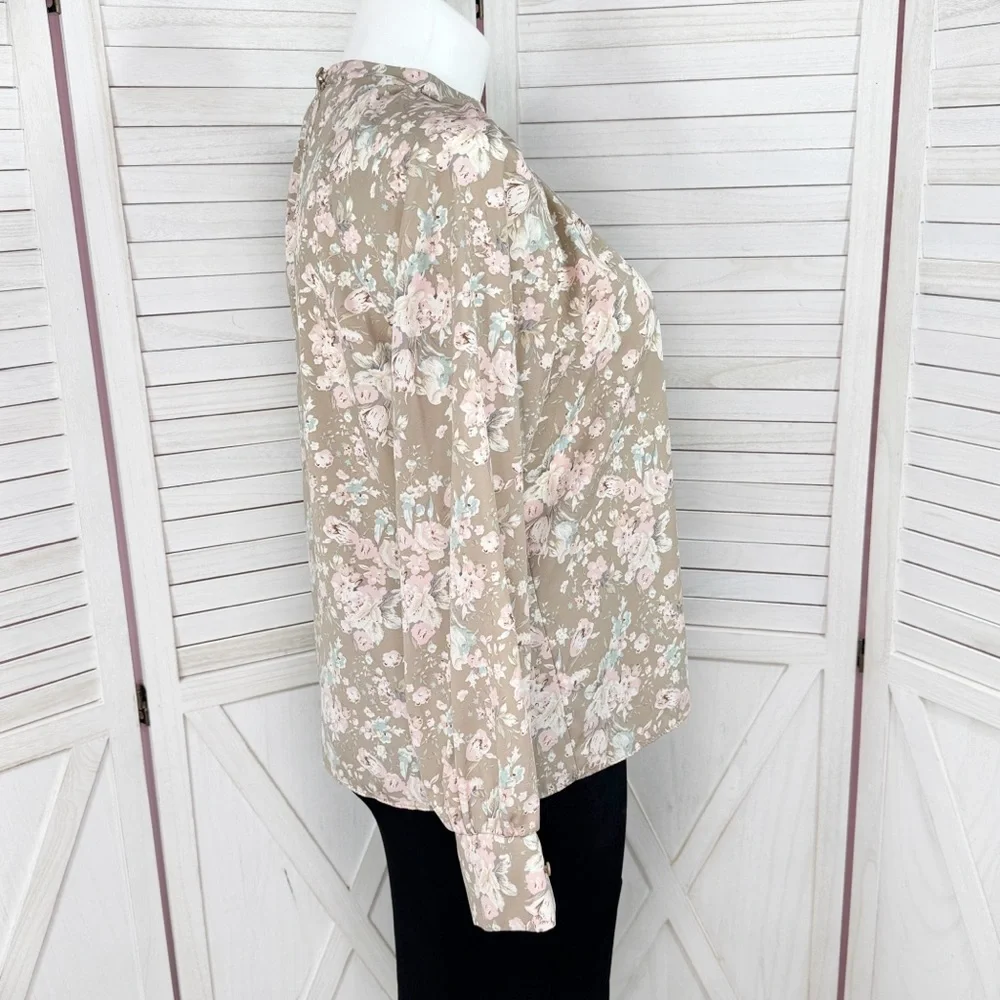 Cottagecore Floral‎ Gathered Mock Neck Pullover Blouse Tan Pink XL Long Sleeve